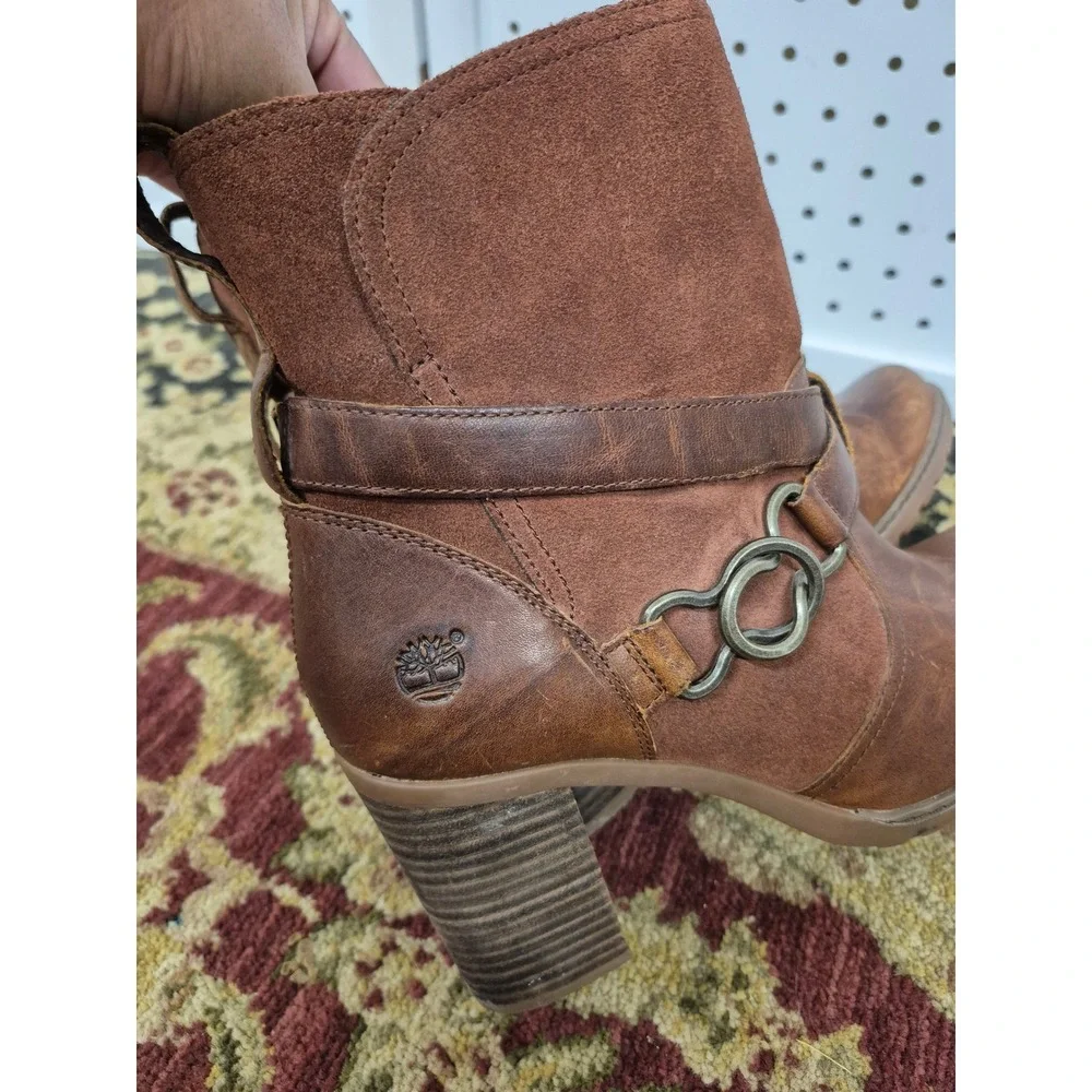Timberland Dennett Brown Leather Suede Ankle Boots Block Heel Size 11